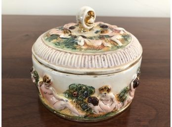 Italian Hand Painted Vanity Trinket Box With Cherub Detail   5.5'x 4.5'