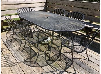 Outdoor Dining Set! Oval Metal Outdoor Table, 6 Chairs & Umbrella Stand - 72'L X 38'W
