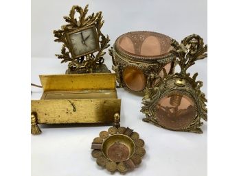 Antique Brass Lot - Vanity Set Plus Clocks & More