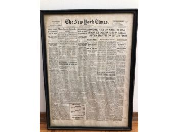 Framed New York Times Newspaper From Oct. 8 1939 In Wooden Frame  25.5'H X 18.5L