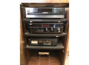 Stereo Cabinet, Onkyo CD Player, Insignia Receiver, Philipps Tape Deck, Infinity QA Speakers