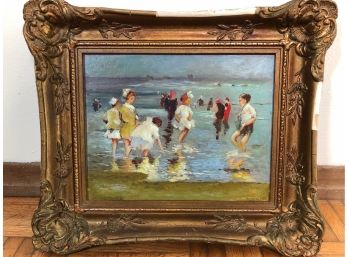 Signed Oil On Board - Florine Jacob, 1971 - Children At The Beach- Impressionist Influence