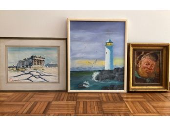 Original Greek Themed Artwork - 3 PC Lot  Watercolor And Two Oils On Canvas