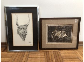 Bulls Eye!  Wood Block Framed Print And Pencil Drawing Of Cretan Bulls