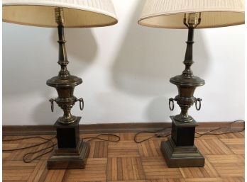 Pair Of Vintage Metal Urn Table Lamps  36'H , 6' Square Base