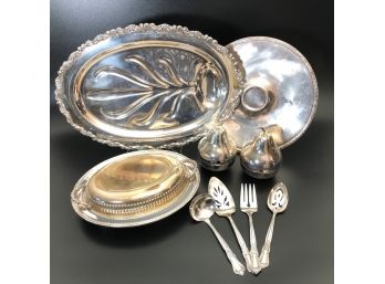 Silver Plate LOT 3 - Steak Platter, Chip/Dip Bowl, Covered Server, Pears, Rogers Serving Pieces