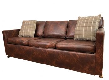 73' Retro  Sofa Sleeper On Wheels In Brown Faux Leather