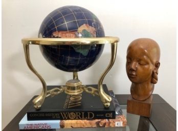 The World View 4pc Lot - Globe, Signed Wooden Bust, World Atlas & Native Americans Book