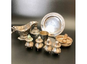 Silver Plate LOT 6 - 10pc With Antique S&P Shakers, Tray, Gravy Boat, Wine Trivet And Spout Plus
