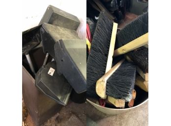 Large Lot Of Industrial Dust Pans, Broom Heads And Wood Handles