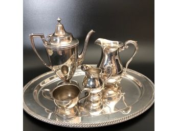 Silver Plate Tea Party 5pc Set! (LOT 4) 19' Tray, Tea Pot, Large Pitcher, Small Pitcher, Open Handled Bowl