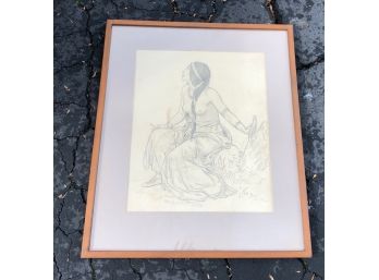 Framed Pencil Drawing Of Woman Looking Skyward 26'H X 22'L
