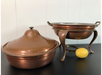 VIntage Copper Chafing Dish With Two Inner  Dishes, Lid, Stand  - 10.5'D X 6'H