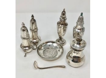 Sterling 6pc Lot - 2 Salt & Peppers, Small Plate, Tiffany Pepper Grinder And Child's Antique Pusher