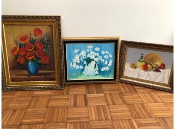 Still Life Trio - Flowers And Fruit, All Wooden Frames