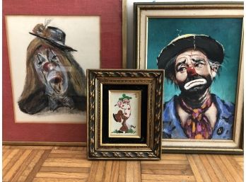 Clowns! A Trio Of Framed Art - Oil Signed Joyce, Pastel Signed, 'Teed Off' Golfing Clown