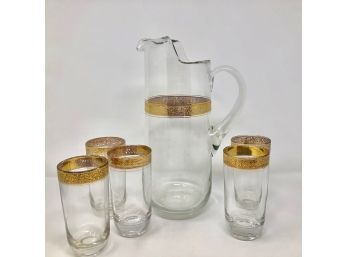 Art Deco Vibe - Quality Gold Banded Pitcher And 5 Glasses