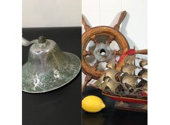 Nautical Trio - Antique Wooden Ship Model, 17'D Ships Wheel And Ship's Bell