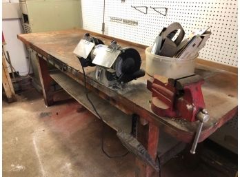 8' Sturdy Workbench With Shelf & Attached Vice &  Electric Grinder