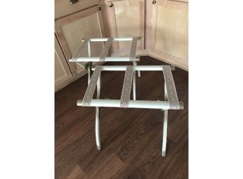 Pair Of Vintage Wooden Folding Luggage Racks With Tapestry Straps