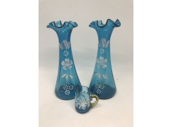 Antique Victorian Blown Glass Vases And Mini Stein - Mouthblown And Hand Painted From Austria