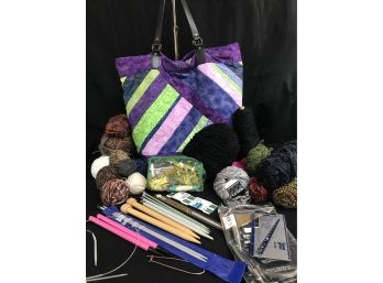 Knitters Delight! Huge Lot Of Yarn, Needles, Knitting Accessories In 20' Quilted Tote