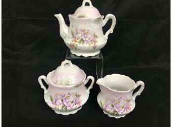 Antique Tea Set Hand Painted - Tea Pot, Lidded Sugar And Creamer - Purple Floral With Gold Accents