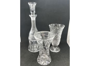 Crystal Vase Duo & Decanter - No Marks, Heavy, Excellent Condition