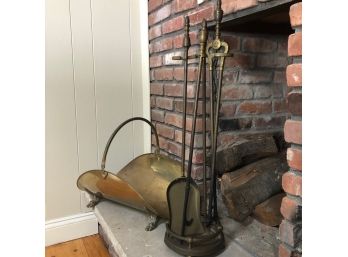 Brass Vintage Fireplace Tools And Kindling Basket