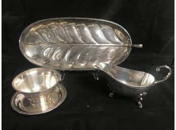 3pc Lot Silver Plate - Leaf Platter, Footed Sauce By Wilcox  'Normandie', Gravy Boat