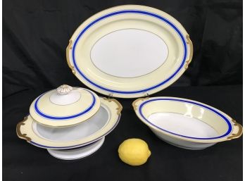 Rare MM Japan 3pc Serving Set - Platter, Covered Bowl, Oval Bowl - Gold Painted Handles