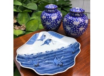 Chinese Cloissonier Ginger Jar Pair And A Crane Patterned Plate