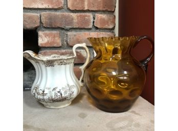Ironstone  Transferware And Glass Pitchers - Old