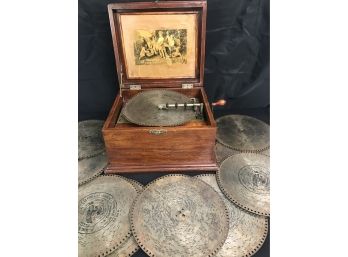 Antique Imperial Symphonion Disc Music Box With 12 Metal 'Records'  WORKS!