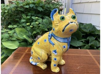 13'H Ceramic Yellow And Blue Foo Dog Statue
