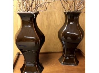 Pair Of 19' Tall Brown Ceramic Vases With Rustic Twigs
