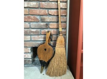 Antique Wood And Leather Bellows And Natural Fireplace Broom