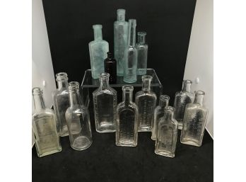 15pc Lot Vintage Bottles - Dr. Trues, Foss, Cabots, Bakers, St. Jakobs, Sam Johnson  5-3/4' To 3'