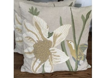 Embroidered Down Filled Decorative Pillows - Birds! On Linen Blend Background 22' Square