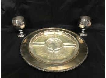 Silver Plate Tray With Glass Insert & Two Goblets - 14'D Platter Her Majesty 1847 Rogers Bros.