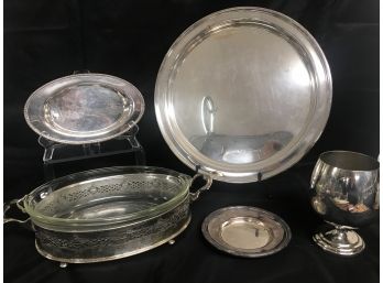 5pc Silver Plate Lot - Sheridan, Crescent, Maple & Co -14' Platter, Casserole Dish, Oval Dish, Trivet, Goblet