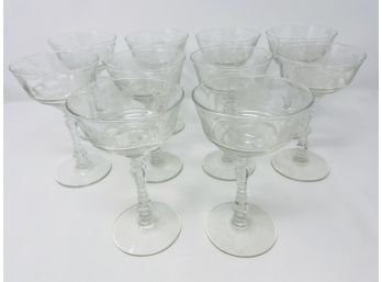 Floral Etched Champagne Glasses, Set Of 10