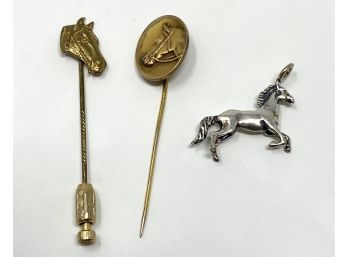 Sterling Silver Horse Pendant And Two Vintage Horse Hatpins