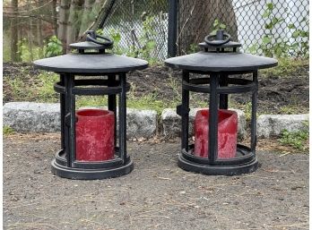 Pair Cast Iron Decorative Candleholders / Lanterns