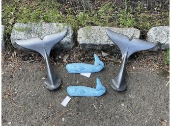Two Metal Dolphin Hooks & Two Whale Tails