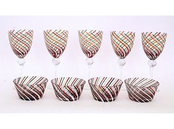 Fun Set Of Five Red, Green & White Swieold Wine Glasses & Four Matching Bowls - Nine Pieces