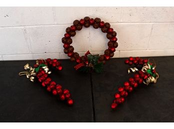 Two Candy Cane Form Bell Decorations & Matching Bell Wreath