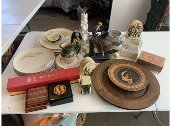 Large Group Of Miscellaneous Plates, Trinkets, Travel Items, Figures - 39 Pieces