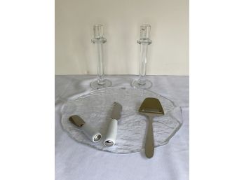 Crate And Barrel Cheese Platter & Candlesticks - New In Box