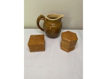Ceramic Pitcher & Small Wooden Boxes